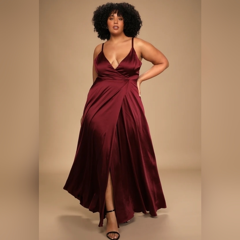NWOT Lulu's Burgundy Satin Maxi Dress Size XL=14/16